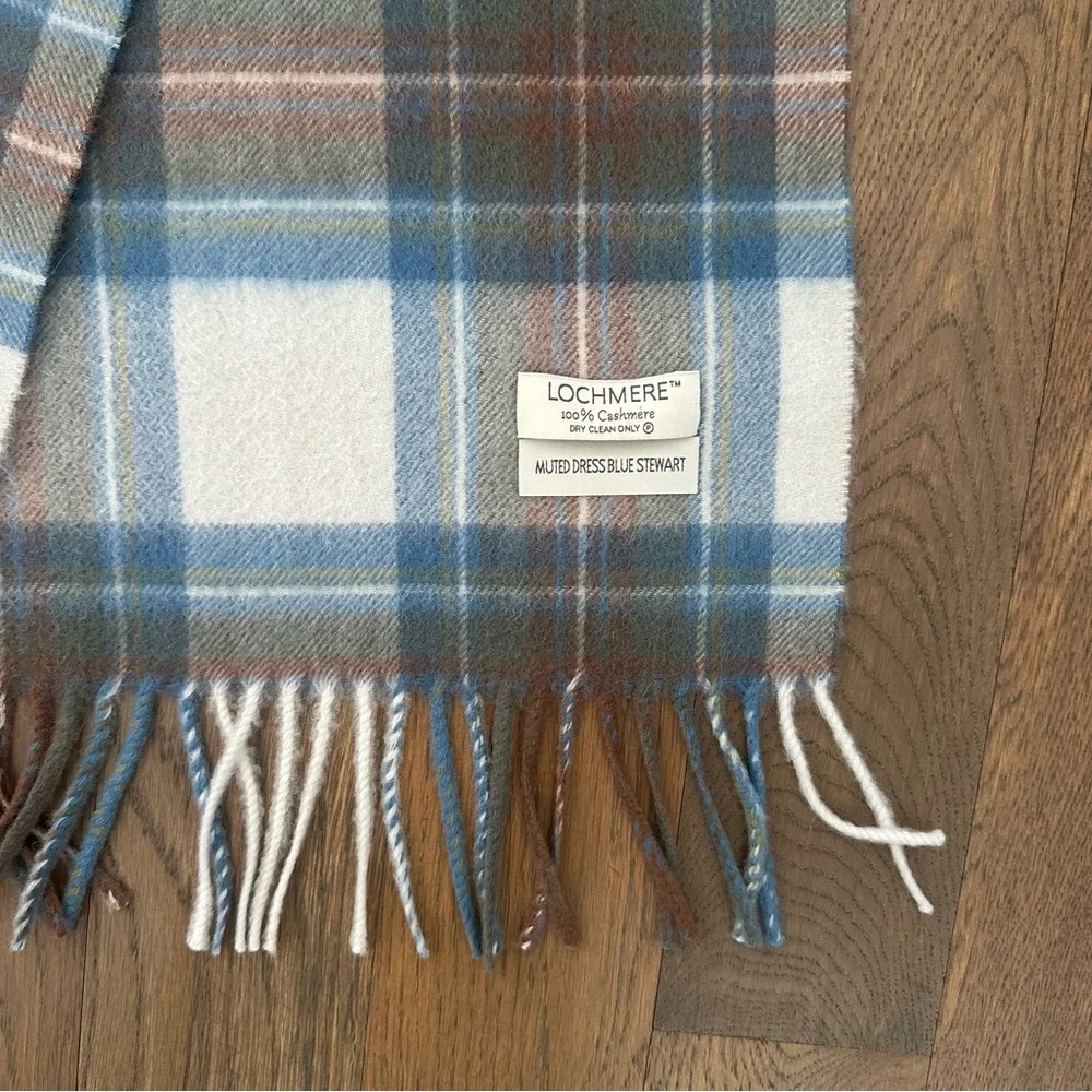 Lochmere Plaid Tartan Cashmere Oblong Fringe Scarf Muted Blue Dress Stewart 55